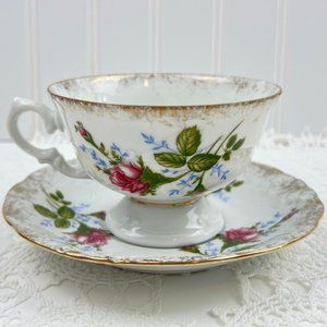 Vintage Wawel Serwis 4 China Footed Teacup & Saucer Gold Trim Pink Roses